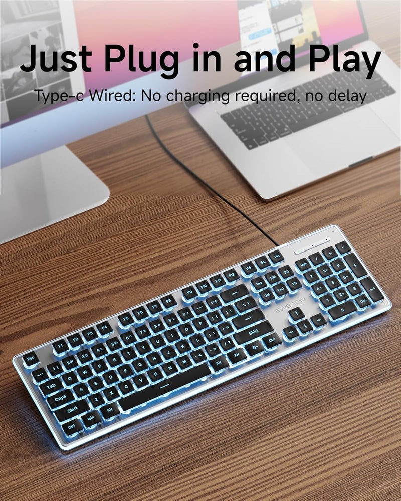 SEUNKWANG EWEADN GX710S Backlit Computer Keyboards, Wired USB Keyboard with Blue Backlit, Metal Panel, Plug and Play, Pudding Keycaps Full Size Quite Computer Keyboard for Win/PC/Laptop-Black - Image 2